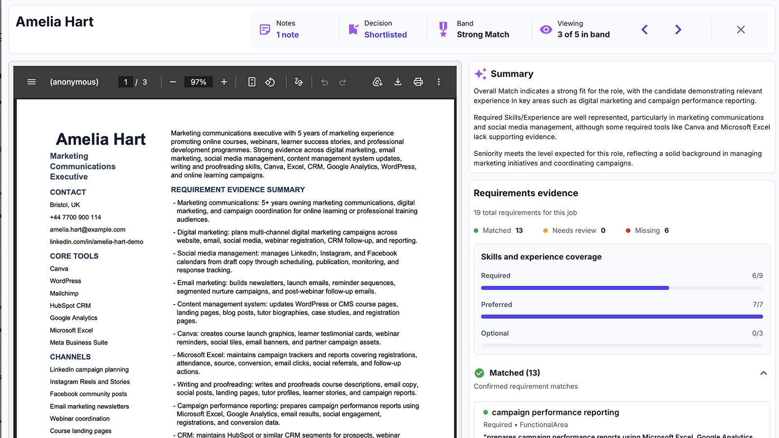 fairsort candidate review screen showing a resume, summary and requirements evidence